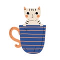 Cute Kitten in Blue Teacup, Adorable Little Cat Animal Character Sitting in Coffee Mug Cartoon Vector Illustration Royalty Free Stock Photo