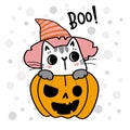 Cute kitten cat animal in adorable orange craved pumpkin cartoon doodle illustration outline Royalty Free Stock Photo