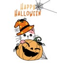 Cute kitten cat animal with happy craved pumpkin smiling and black spiders cartoon doodle illustration outline