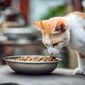 Cute kitten cat with a bowl of food.