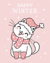 Cute kitten cat Christmas cartoon with pink winter clothes, Meowy Catmas, flat vector doodle linear illustration