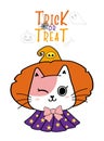 Cute kitten cat girl witch costume Trick or Treat cartoon doodle illustration outline Royalty Free Stock Photo