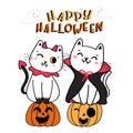 Cute kitten cats Dracula and devil costume with funny face craved orange pumpkin Happy Halloween cartoon flat vector illustration Royalty Free Stock Photo