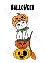 Cute kitten cats pumpkin head Halloween costume with funny face craved orange pumpkin Happy Halloween cartoon flat vector