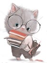 cute kitten character with lot of books