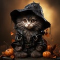 Cute Kitten Dressed as a Halloween Witch With Hat and pumpkin. Black cat wearing a witch hat Royalty Free Stock Photo