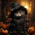 Cute Kitten Dressed as a Halloween Witch With Hat and pumpkin. Black cat wearing a witch hat Royalty Free Stock Photo