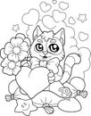 Cute kitten with flowers, coloring book, funny illustration Royalty Free Stock Photo