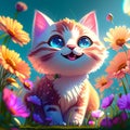 Cute kitten with flowers in the meadow. Digital painting. generative AI