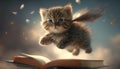 cute kitten flying with books illustration image generative AI Royalty Free Stock Photo