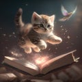 cute kitten flying with books knowledge cloud art with bird generative AI Royalty Free Stock Photo