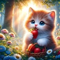 A cute kitten with fresh strawberry, at a breathtaking forest, wild flowers, sunlight, tree, cartoon, digital anime art