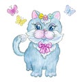 Cute kitten girl with bow flowers. Card clipart is decorated with flying butterflies. Celebratory children`s card with festively