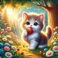 A cute kitten grabbing a fresh strawberey on its mouth, beautiful flowers forest, sunlight, tree, cartoon, digital anime art