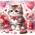 A cute kitten with hearts and a gift box on Valentine\'s Day. Generative AI Royalty Free Stock Photo