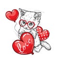 Cute kitten with hearts, glasses and a bow. Vector