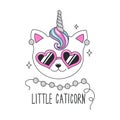 Cute kitten illustration. Design for kids. Fashion illustration drawing in modern style for clothes. Glitter, unicorn, cat