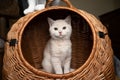 Cute kitten inside of basket cat carrier