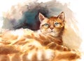 Cute Kitten Laying Down Watercolor Pet Tabby Cat Portrait Illustration Hand Painted