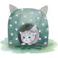 A cute kitten lies in the cat house. Watercolor composition Royalty Free Stock Photo