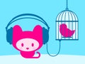 Cute kitten listening to singing bird