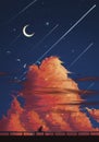 Cute Kitten Looking Aesthetic Meteor Night Sky Background with Half Moon Cloudy Illustration