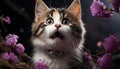 Cute kitten looking at camera, surrounded by purple flowers generated by AI Royalty Free Stock Photo