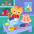 Cute kitten making cake, whipping cream with mixer. Cartoon cat character in kitchen. Animal scene for book design