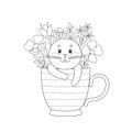 Cute kitten in mug and surrounded by flowers. Royalty Free Stock Photo