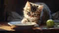 Cute kitten near a bowl of water. Generative AI