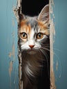 A Cute Kitten Peeking Out of a Hole in a Wall