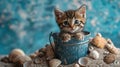Cute kitten peeks out of small blue bucket surrounded by seashells on sandy ground. Generative AI Royalty Free Stock Photo
