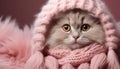 Cute kitten in pink knit hat, looking cozy and playful generated by AI