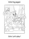 Cute kitten play with fish kids coloring book page Royalty Free Stock Photo