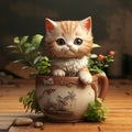 Cute Kitten In A Playful Flowerpot: Realistic And Detailed Renderings