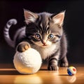 Cute kitten playing with ball of wool on wooden floor