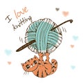 Cute kitten playing with a ball of yarn. I love knitting. Vector Royalty Free Stock Photo