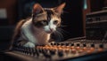 Cute kitten playing on computer desk, whiskers focused on keyboard generated by AI