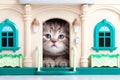 Cute kitten playing in toy house Royalty Free Stock Photo