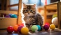 A cute kitten playing with a yellow ball indoors generated by AI Royalty Free Stock Photo