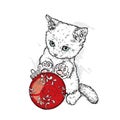 A Cute Kitten Plays With A Christmas Ball. Vector Illustration For A Postcard Or A Poster. Santa Claus. Beautiful Cat.