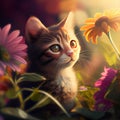 The cute kitten plays happily in the beautiful flowery meadow - Generate Artificial Intelligente - AI