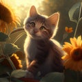 The cute kitten plays happily in the beautiful flowery meadow - Generate Artificial Intelligente - AI