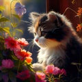 The cute kitten plays happily in the beautiful flowery meadow - Generate Artificial Intelligente - AI