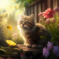 The cute kitten plays happily in the beautiful flowery meadow - Generate Artificial Intelligente - AI