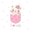 Cute kitten in pocket. Kawaii cat print, kid sweet pet for t-shirt. Art girl animal decor, funny decorative sticker with Royalty Free Stock Photo