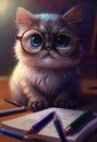 Cute kitten schoolboy doing homework. AI generated
