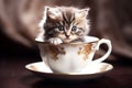 Cute kitten sits in a white and gold tea cup on a beige background. Generative AI Royalty Free Stock Photo