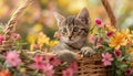 Cute kitten sitting in a basket, surrounded by flowers Royalty Free Stock Photo