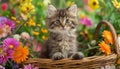 Cute kitten sitting in a basket, surrounded by flowers Royalty Free Stock Photo